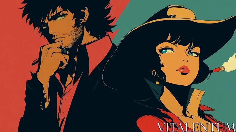 Stylized noir duo in bold split-complementary palette.