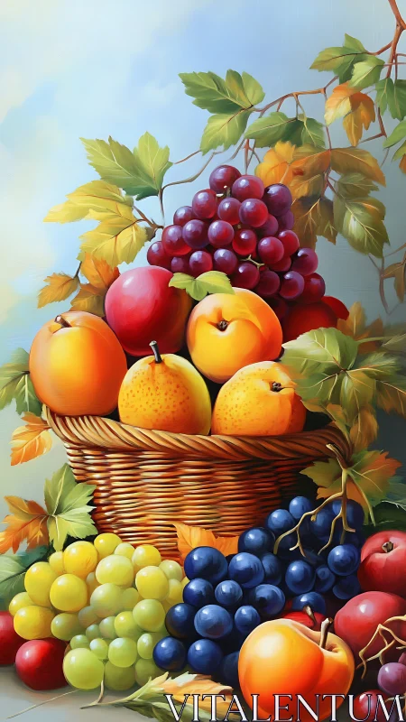 Basket of assorted fruit with grapes, apples, pears, and leaves