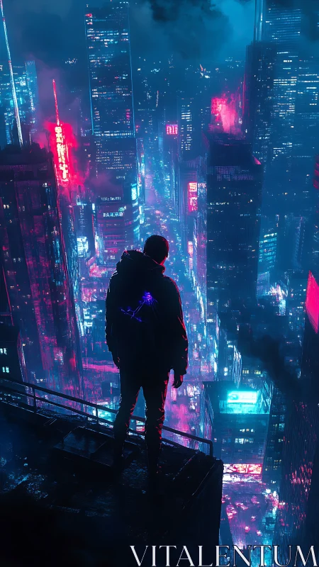 Solitary figure overlooks neon cyberpunk megacity from rooftop
