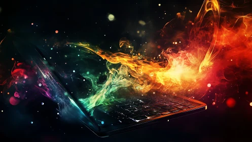 Digital painting of laptop with luminous spectral data streams.