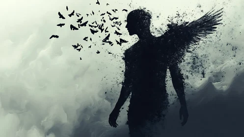 Silhouette figure with dissolving wings and dispersing birds