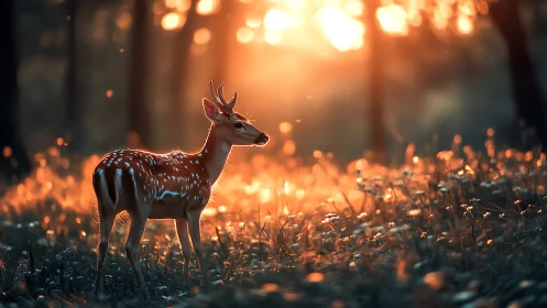 Spotted deer in golden backlight within soft forest bokeh.