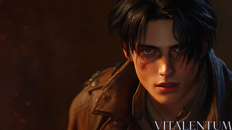 Battle-worn young man stares ahead in warm, moody light.