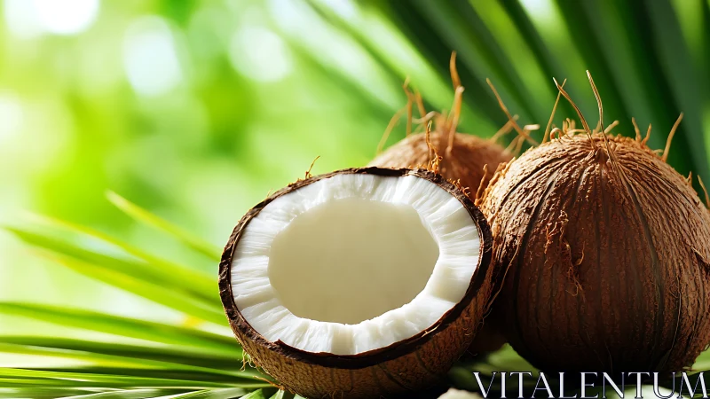 Fresh brown coconuts rest on palm leaves in bright sunlight