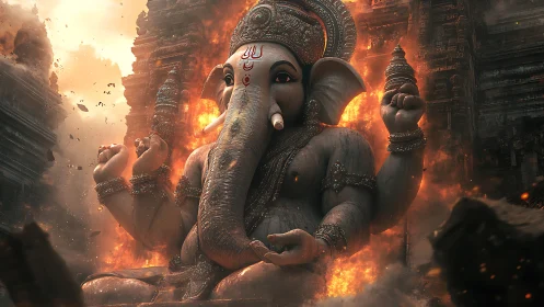 Majestic elephant-headed deity amid swirling temple flames.