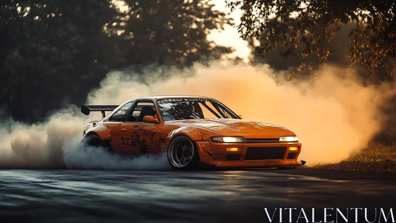 Sunset drift rocket carving smoke halos through forest curves.