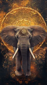 Elephant front view aligned with ornate golden mandala.