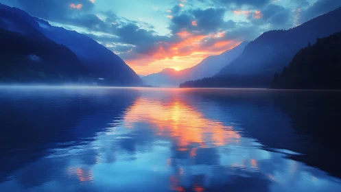 Mountain lake at sunrise with vivid sky reflection.