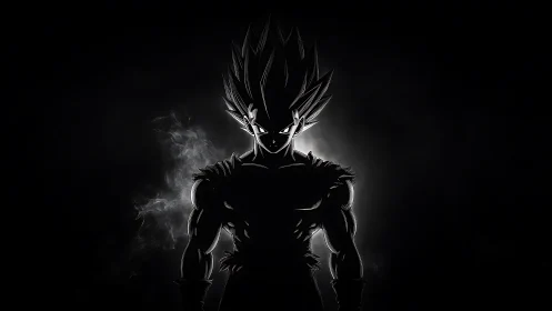 Backlit anime warrior silhouette with luminous edge contours.