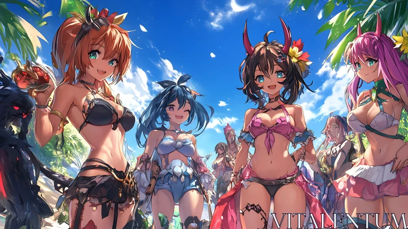 Anime beach party scene shows smiling girls in bikinis