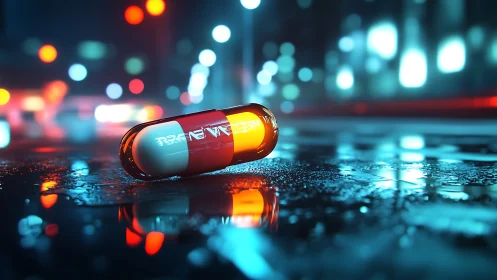 Glowing capsule on wet neon city street at night scene.