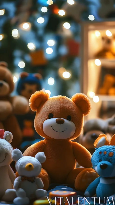 Orange teddy bear sits among toys under warm festive lights