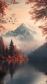 Crimson shores whisper as misty mountains drink the dawn