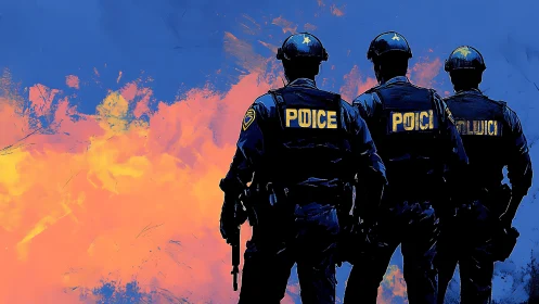 Police officers stand against fiery abstract backdrop.