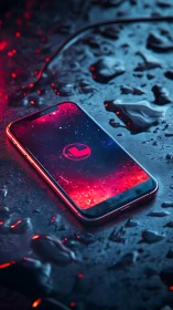 Neon smartphone render on wet surface with cosmic UI glow.