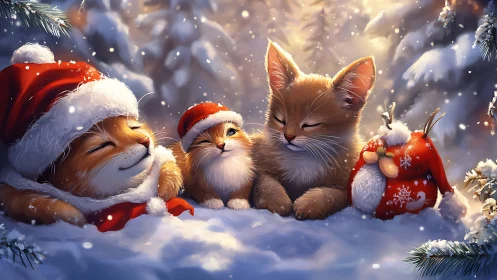Holiday Cats in Snow: Festive Feline Companions Rendered in Warm Light