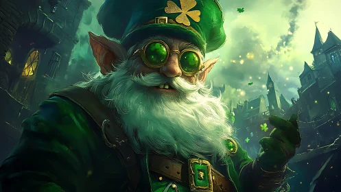 Green leprechaun portrait in glowing fantasy street scene.
