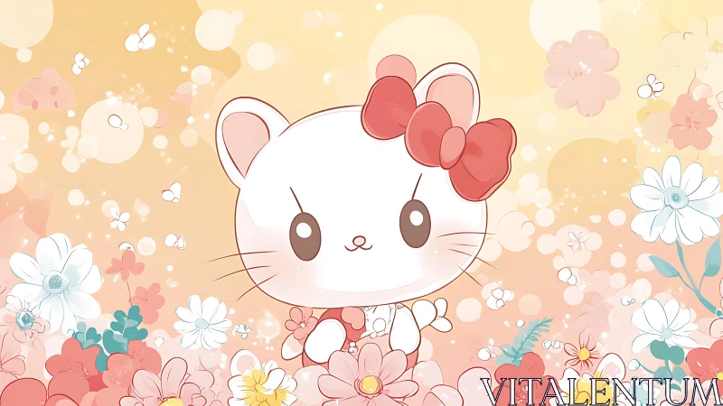 Pastel kitten character amid whimsical spring flowers.