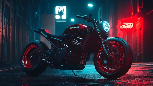 Custom Kawasaki street bike under neon rain at night.