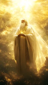 Radiant celestial sage illuminated by intense golden backlight