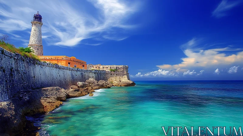 Fortified Coastal Lighthouse Against Turquoise Mediterranean Waters