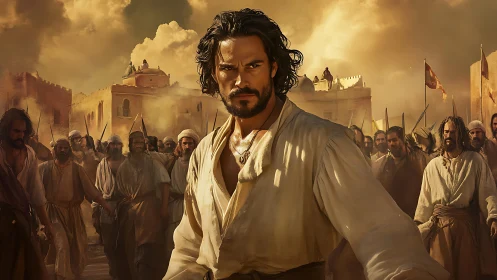 Storm-eyed rebel strides through sunlit desert uprising