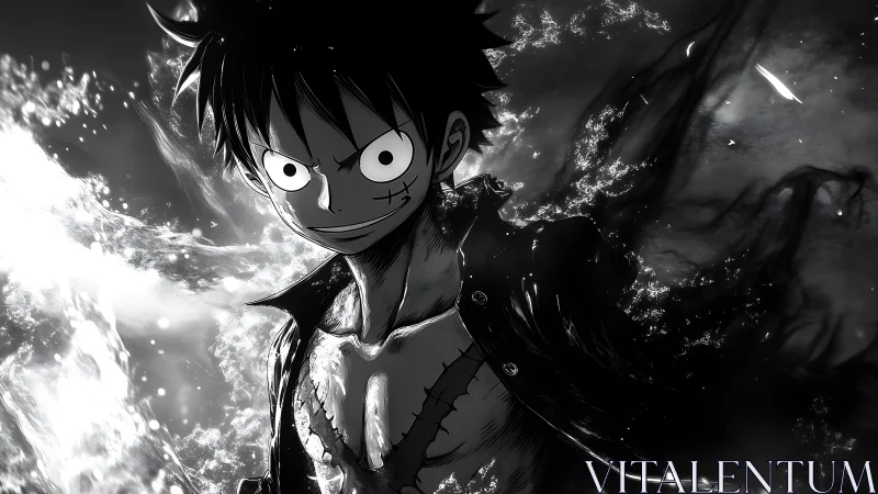 Monochrome anime pirate amid crashing ocean energy.