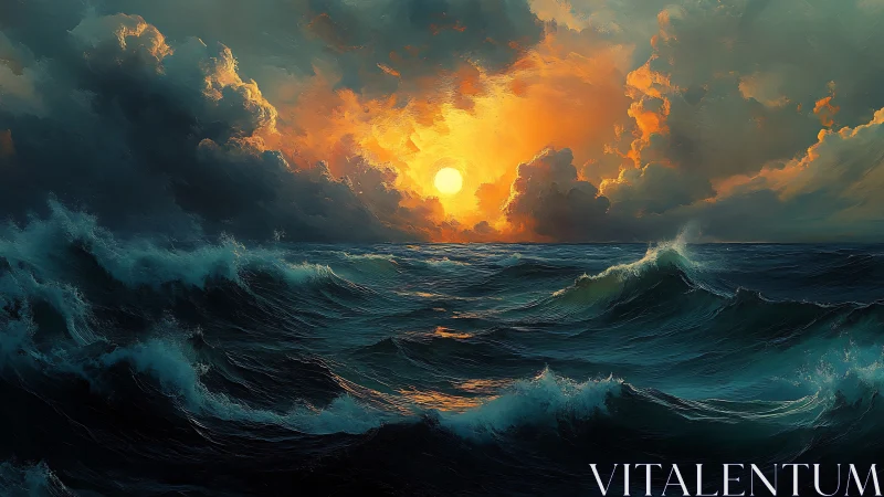 Sunset over turbulent open sea with dense storm clouds.