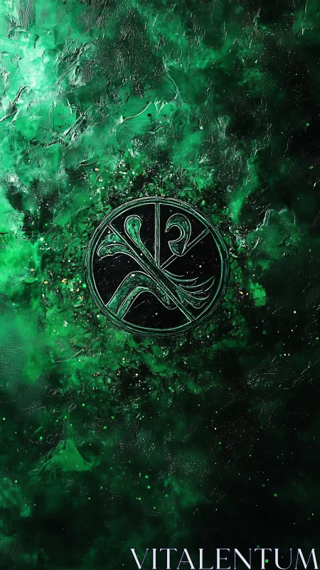 Emerald nebular field encircles engraved circular sigil emblem