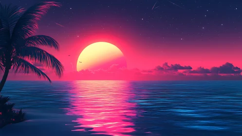 Neon sun sinks over tranquil ocean in retro-futurist glow