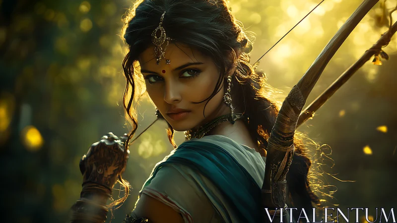 Forest archer gazes back with quiet strength and golden light