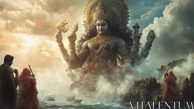 Colossal multi-armed deity rises from misty ocean before pilgrims