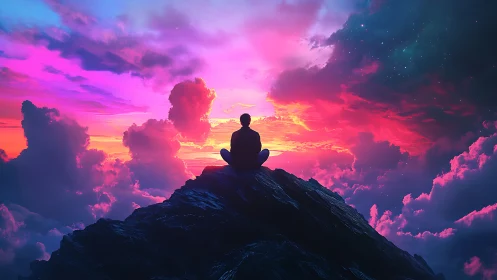 Digital painting of meditating figure on peak at neon sunset.
