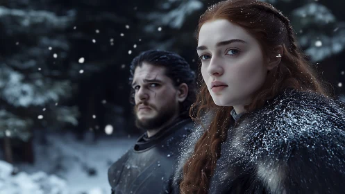 Snowbound heirs stare down destiny in a frozen forest hush.