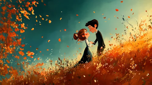 Autumn Romance: Couple Dancing Through Falling Leaves.