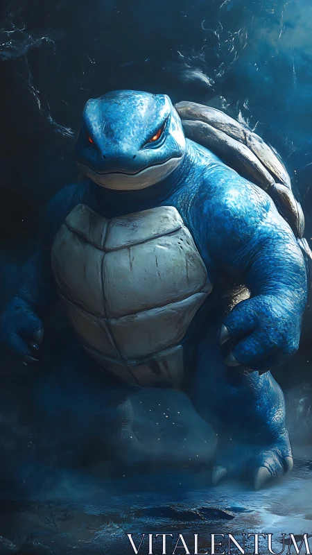 Blue bipedal turtle-like creature stands in misty water scene