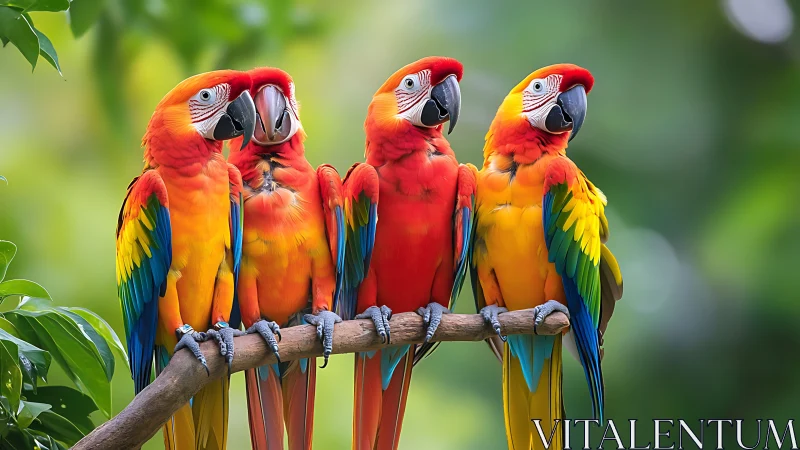 Four Vibrant Scarlet Macaws Perched on Branch in Lush Nature.