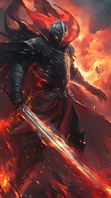 Armored infernal knight with molten sword amid dynamic flame vortices