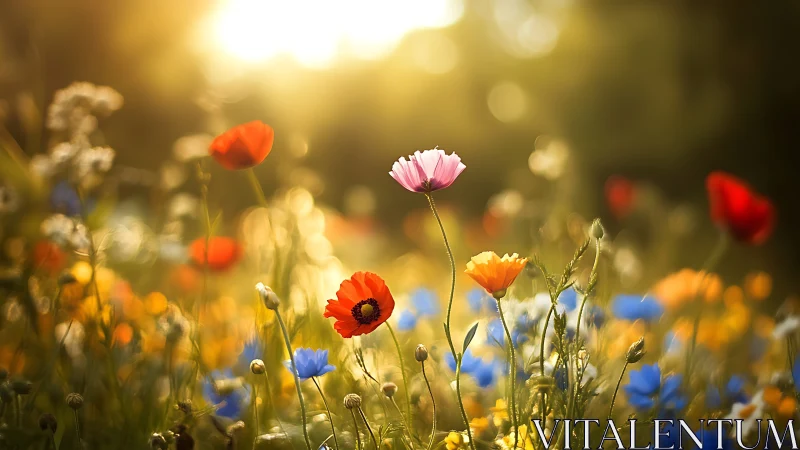 Wildflower meadow glowing in golden sunlight