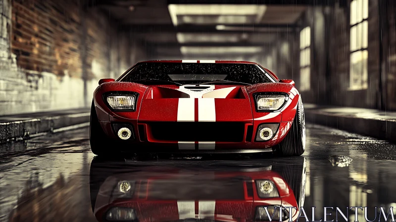 Rain‑slicked red racer stares down the alley with feral calm