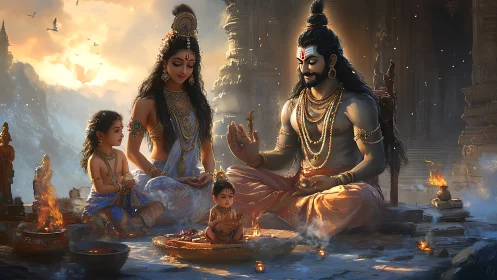 Devoted divine family shares peaceful rituals at sunrise