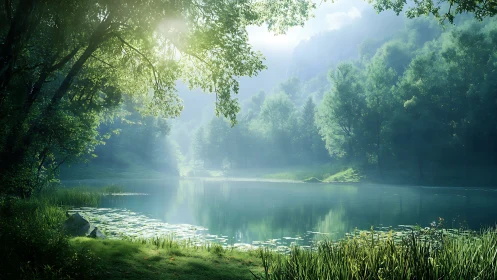 Sunlit forest lake shimmers softly in tranquil morning haze