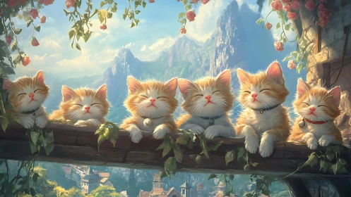 Six Ginger Cats on Mountain Overlook with Alpine Landscape