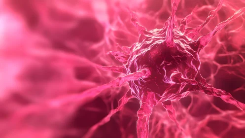 Close-up 3D Rendering of a Pink Nerve Cell in Abstract Style.