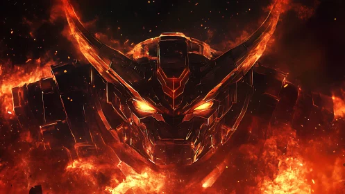 Horned mechanical head in intense orange fire environment.