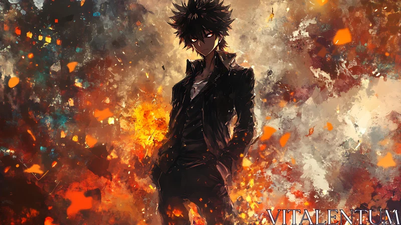 Brooding fireborn rebel wrapped in storm-scorched embers.