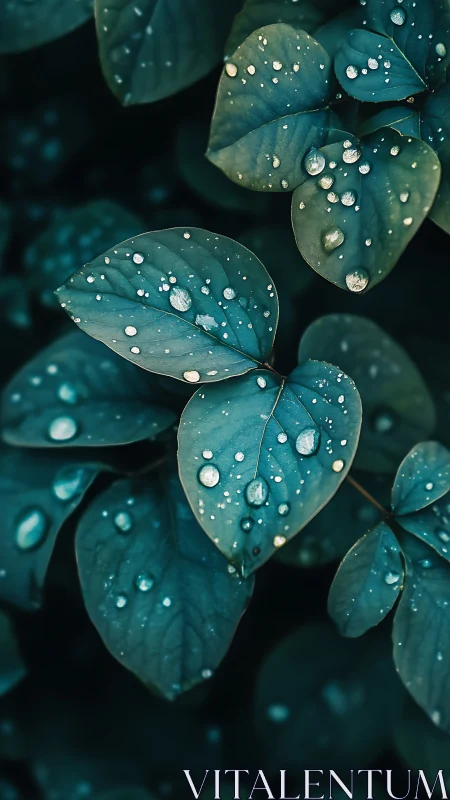Close-up of dark green leaves with surface water droplets.