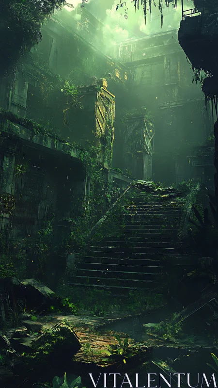 Overgrown stone stairwell in abandoned multi story ruin under fog