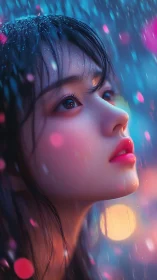 Rainlit dreamer gazes upward through neon-touched twilight.