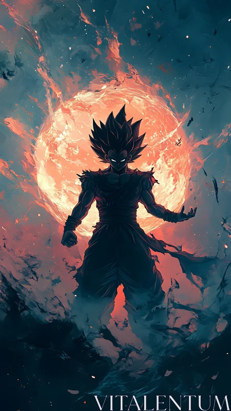 Celestial energy warrior silhouette before erupting solar halo